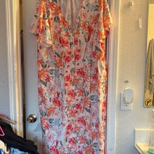 SHEIN Floral V-Neck Midi Dress - Pink and Gray